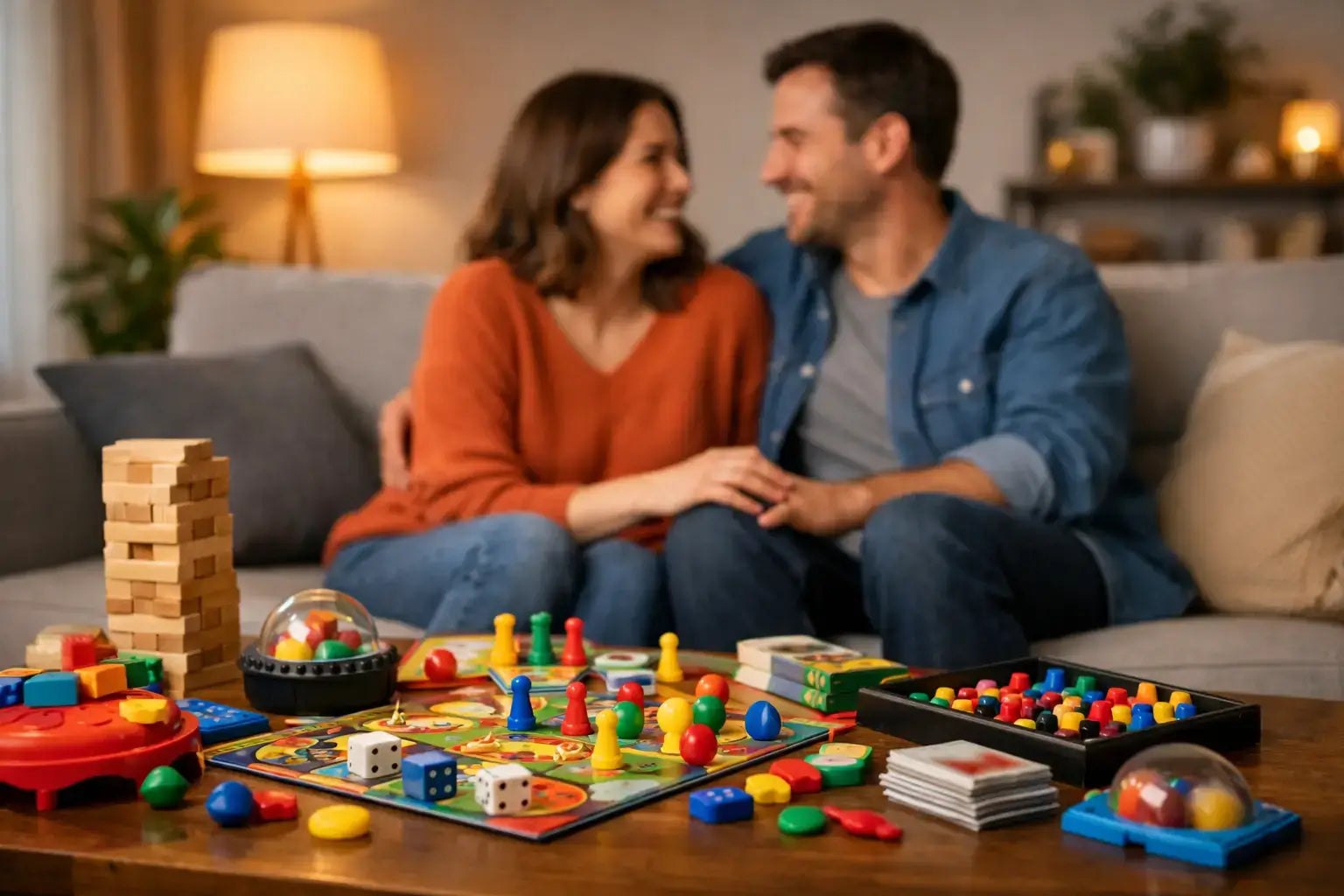 Couple using wearable vibrating ring and bullet vibrator for intimate play at home