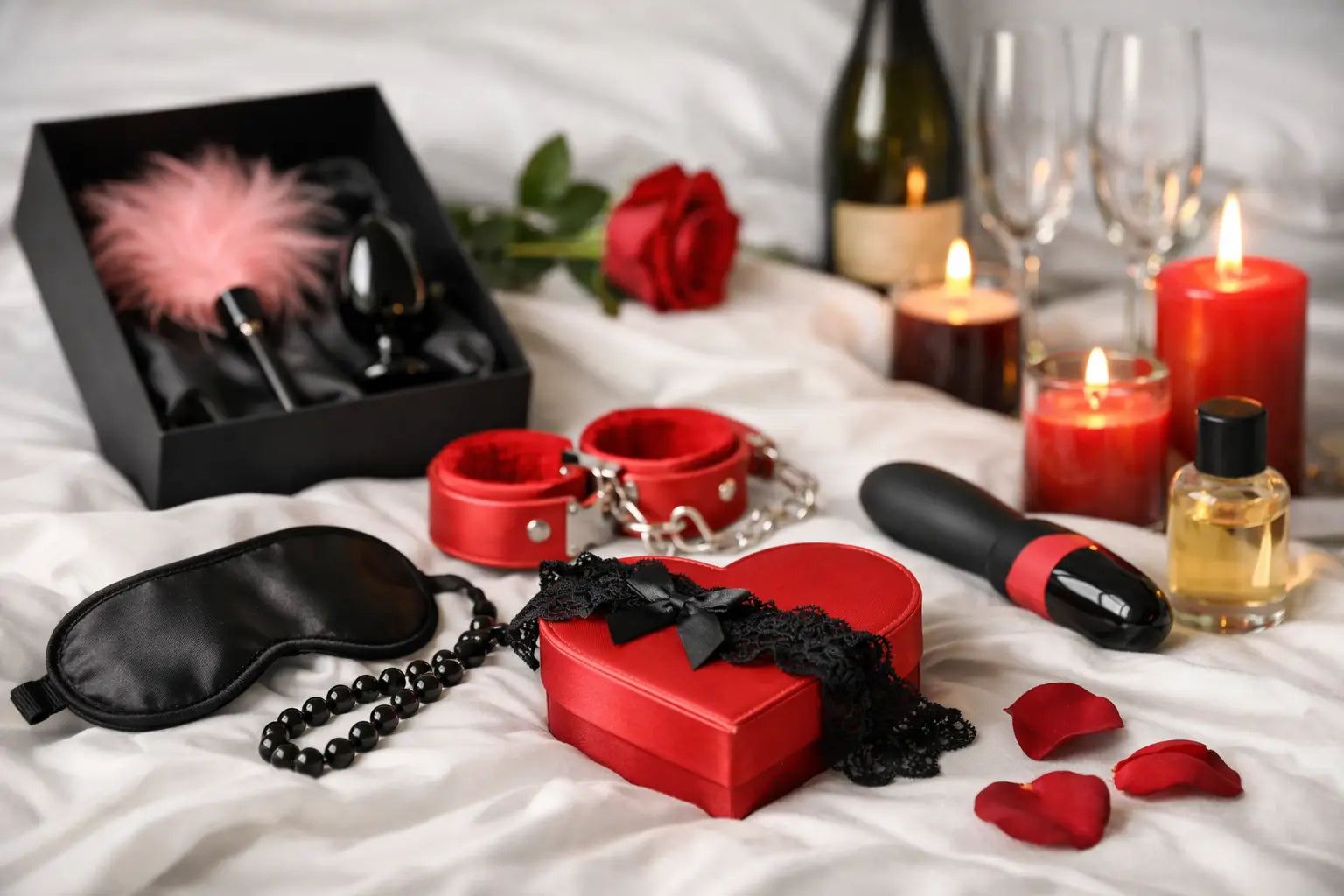 Couple celebrating anniversary with romantic erotic gifts including lingerie and massage oils