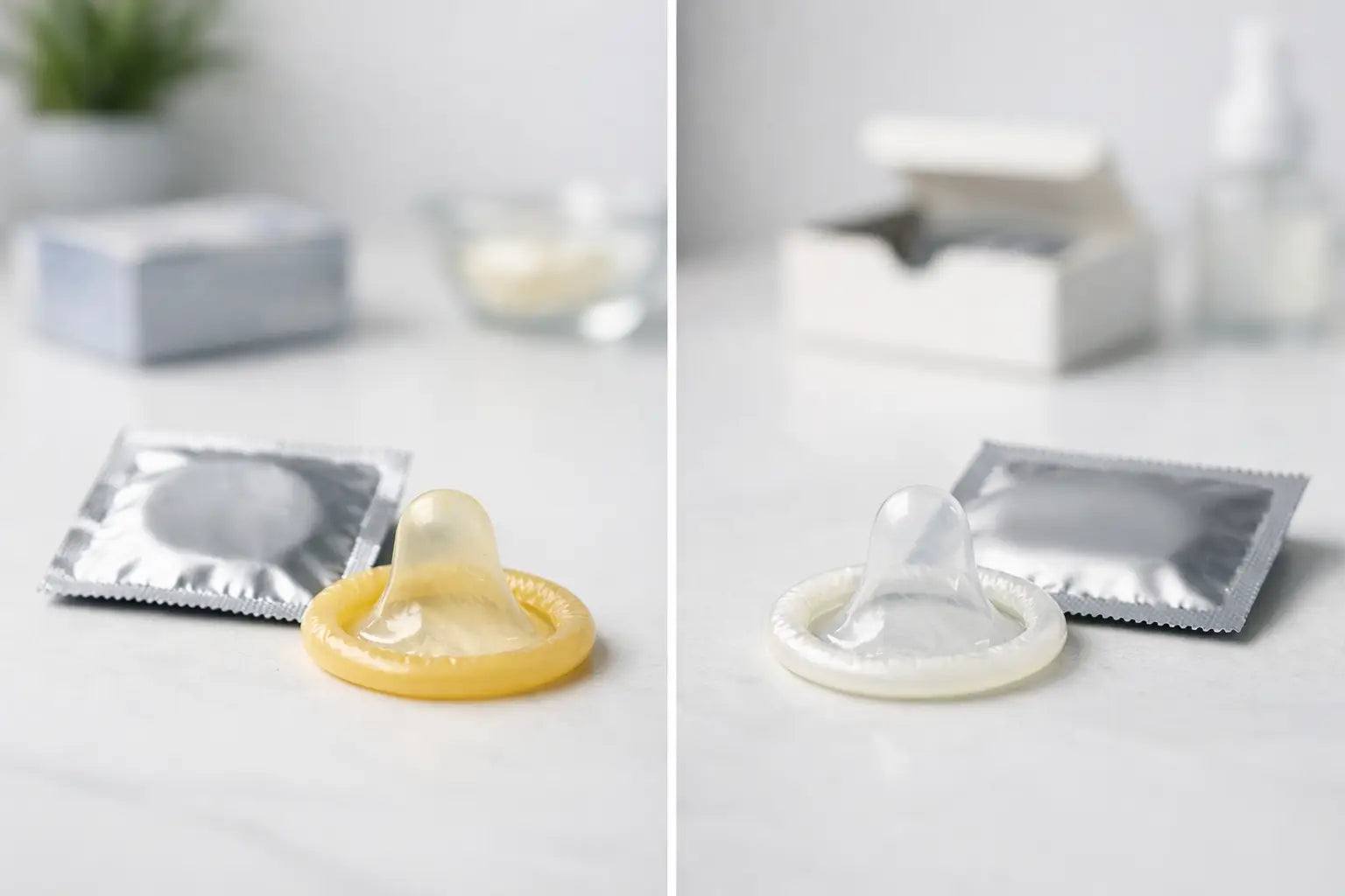Comparison of latex condoms and non-latex condoms showing different textures and colors