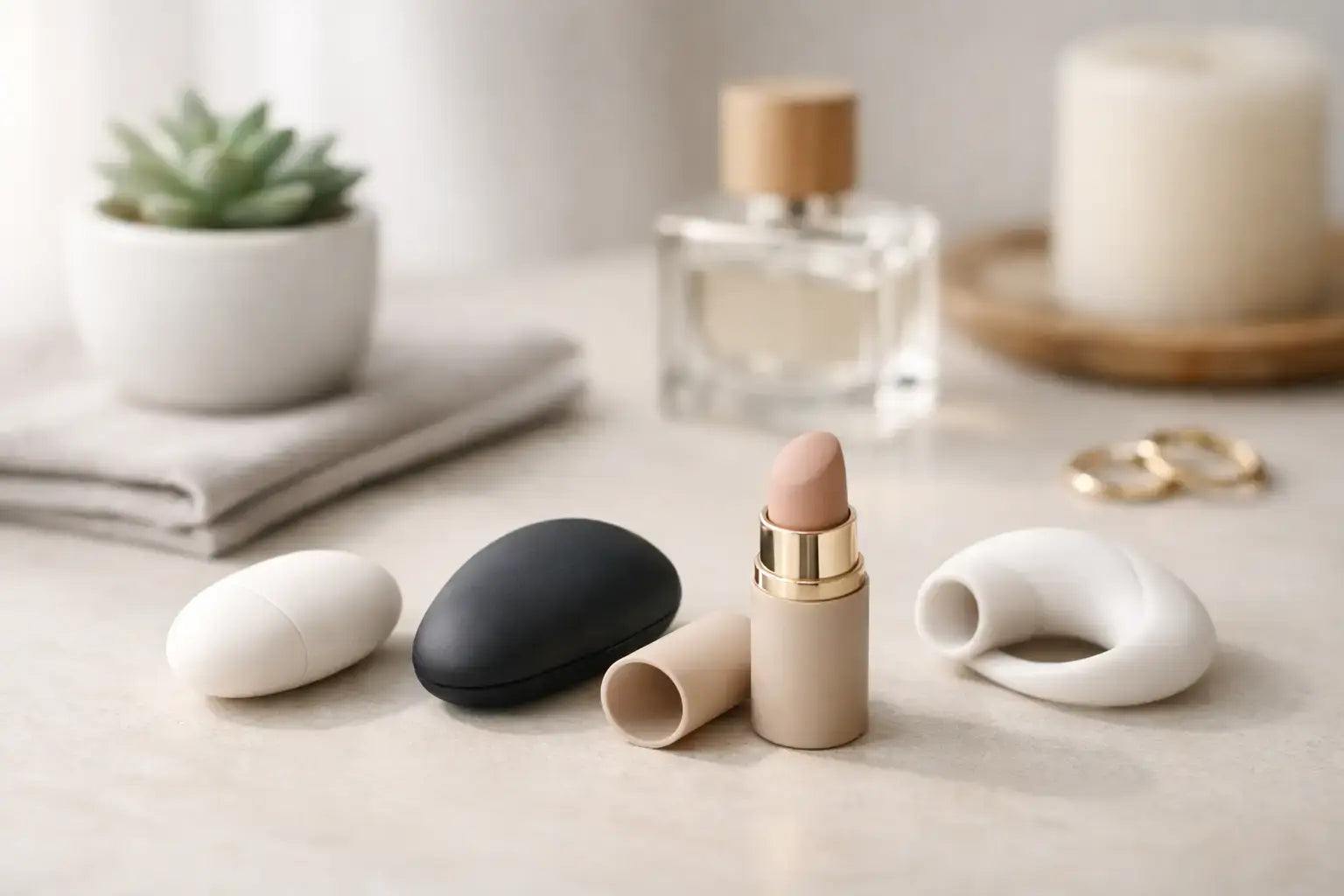 Various discreet sex toys displayed in minimalist design promoting privacy and quiet use