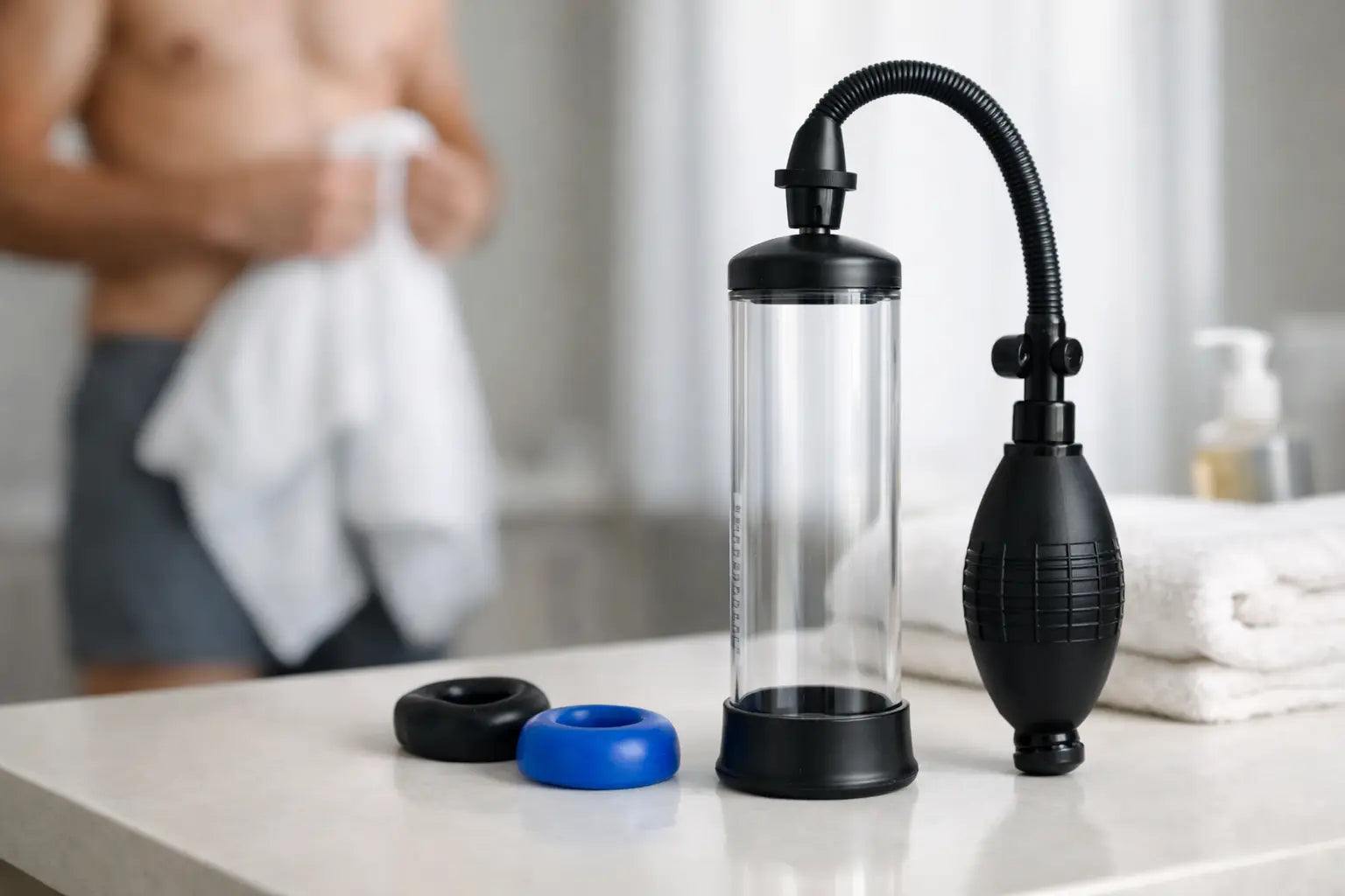 Man using a penis pump safely with proper technique and lubrication for better penis pump use
