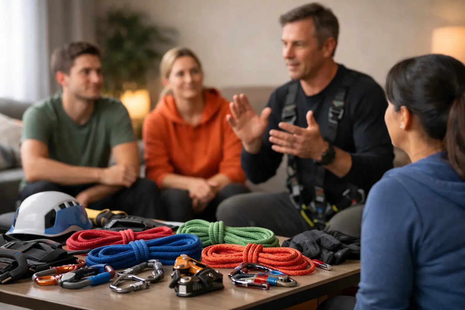Couple practicing safe beginner BDSM with soft restraints and blindfold for confident exploration