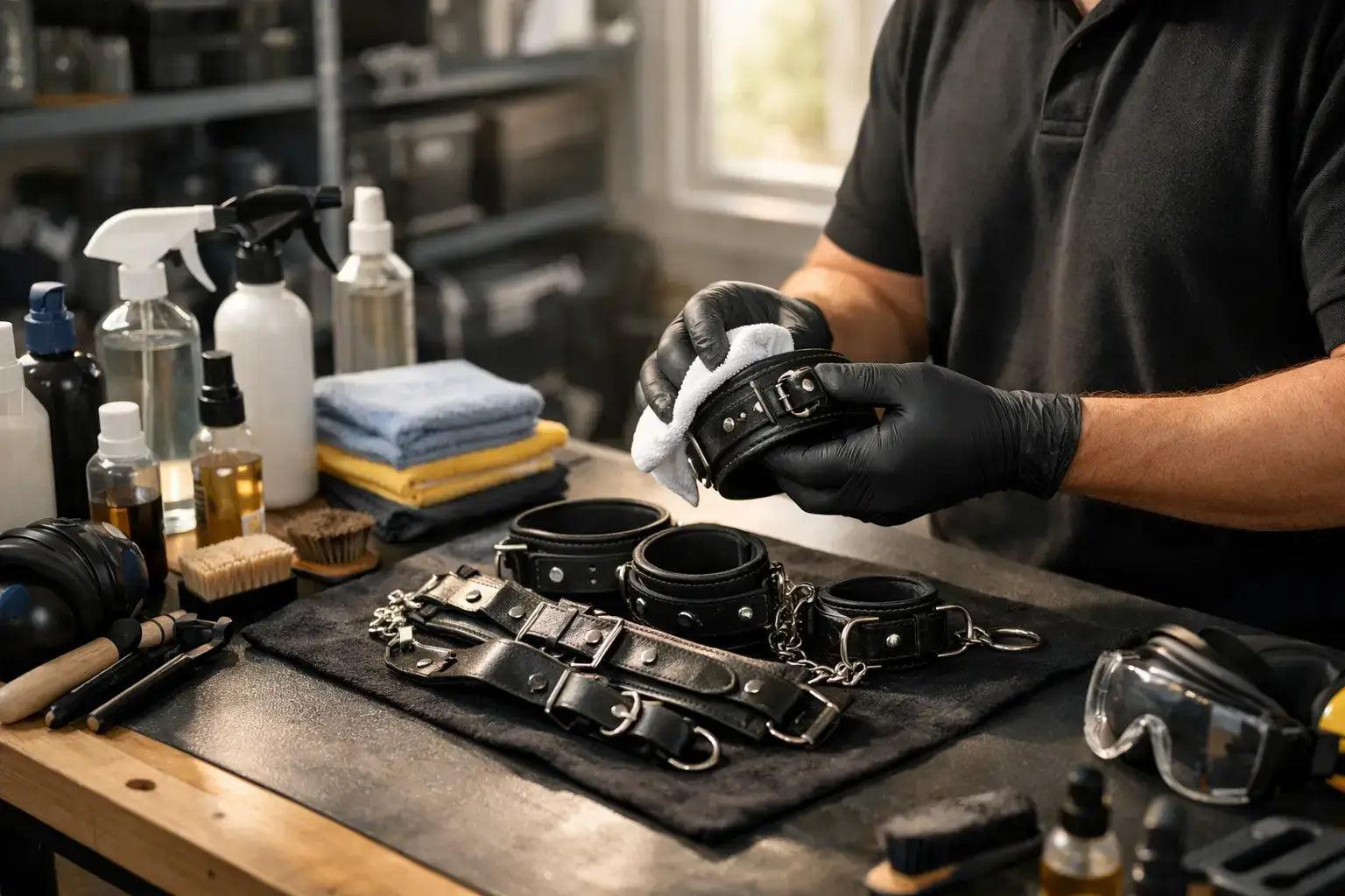 Close-up of various BDSM restraints including leather cuffs and metal chains being cleaned with a soft cloth and mild soap