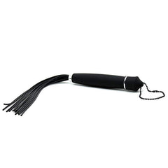 Spanking flogger with a black textured handle, multiple thin black tails, silver trim, and a beaded wrist loop