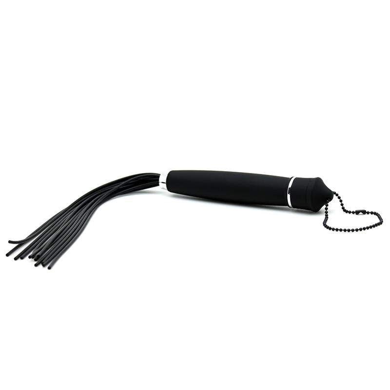 Spanking flogger with a black textured handle, multiple thin black tails, silver trim, and a beaded wrist loop