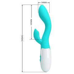Vibrators turquoise curved silicone massager with a white handle and a smaller side protrusion