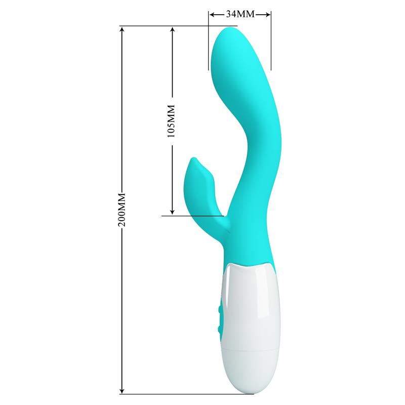 Vibrators turquoise curved silicone massager with a white handle and a smaller side protrusion