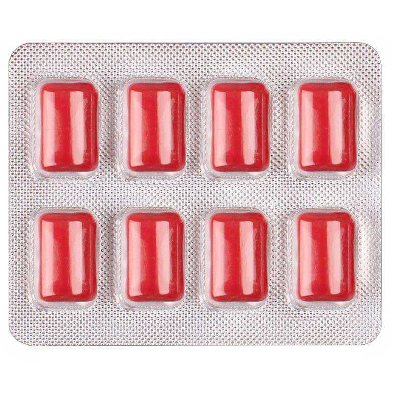 Food Supplements in a silver blister pack with eight glossy red rectangular capsules arranged in two rows.
