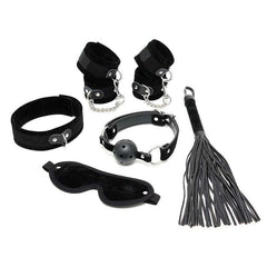 Black bondage kit with cuffs, collar, ball gag, blindfold, and whip for BDSM play on a white background.