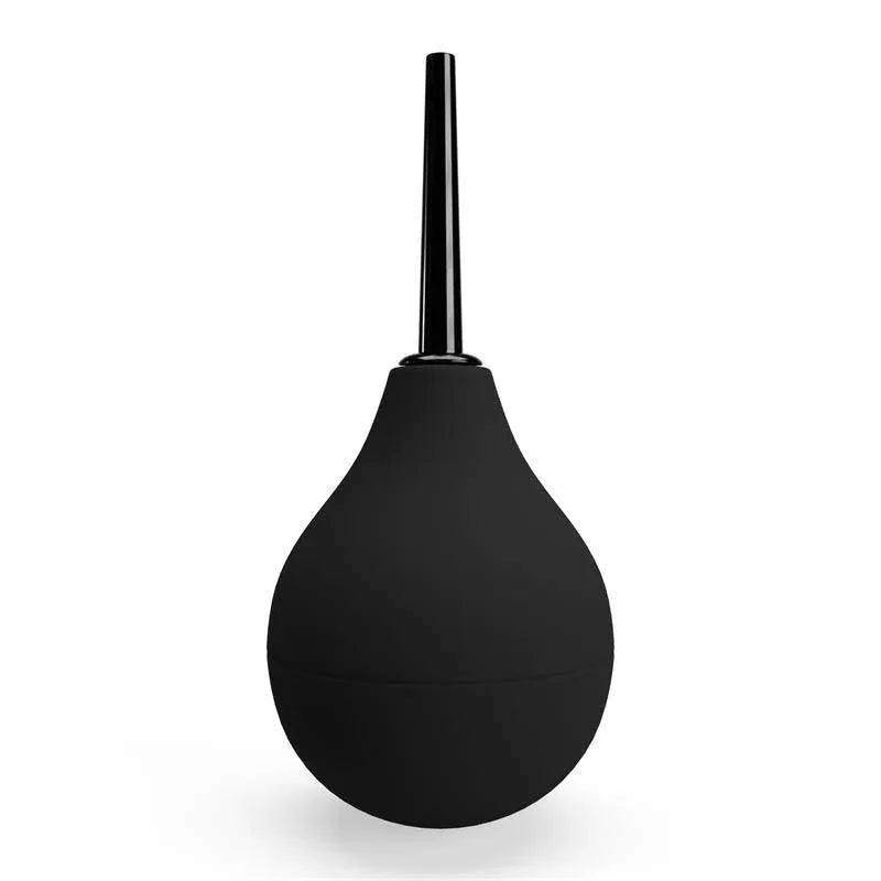 Anal Duche bulb syringe in matte black rubber with a long narrow nozzle and rounded squeeze body