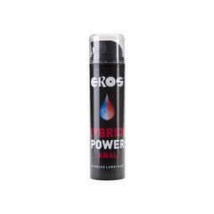 Anal Lubricants Eros Hybrid Power Anal lubricant spray in a black cylindrical bottle with a clear cap and blue-red droplet graphic