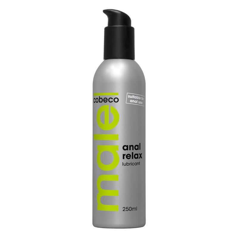 Anal Relaxation lubricant in a silver 250 ml bottle with a black pump and bright lime green lettering