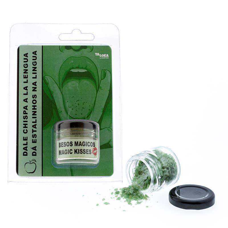 Assorted tongue-shaped novelty candy with green minty crystals in a clear jar labeled Magic Kisses