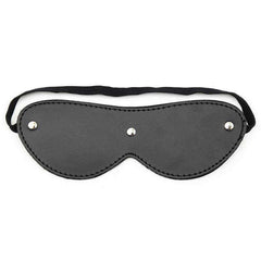 Blindfolds in black faux leather with stitched scalloped eye cups, three silver studs and an adjustable elastic strap