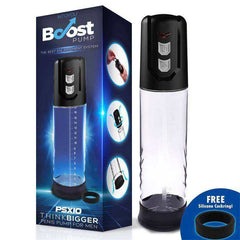 BOOST PUMPS electric pump with a clear cylindrical chamber, black control unit and blue product packaging