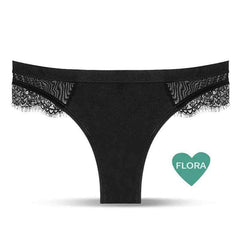Braguitas Menstruales negras de encaje con panel frontal opaco, cintura elástica y delicado ribete festoneado