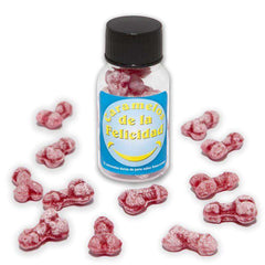 Candy in a clear capped bottle with a bright blue label and red-and-white powdered bone-shaped sweets
