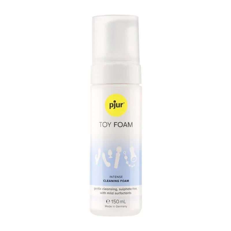 Cleaning and Maintenance toy cleaning foam in a white 150 ml bottle with a yellow pjur logo and blue accents