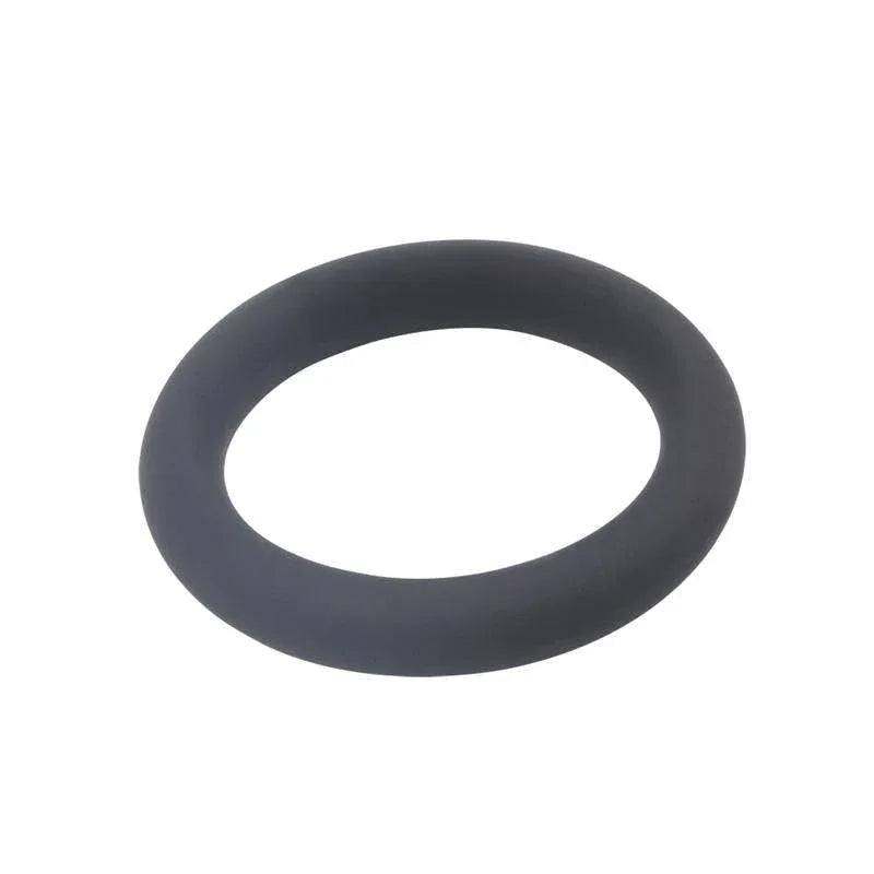 Cock Rings: smooth black flexible silicone ring with a thick, rounded band and simple oval shape