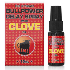 Delay Spray and Creams product with a red star-patterned box and black spray bottle, featuring bold bullpower and clove oil labels