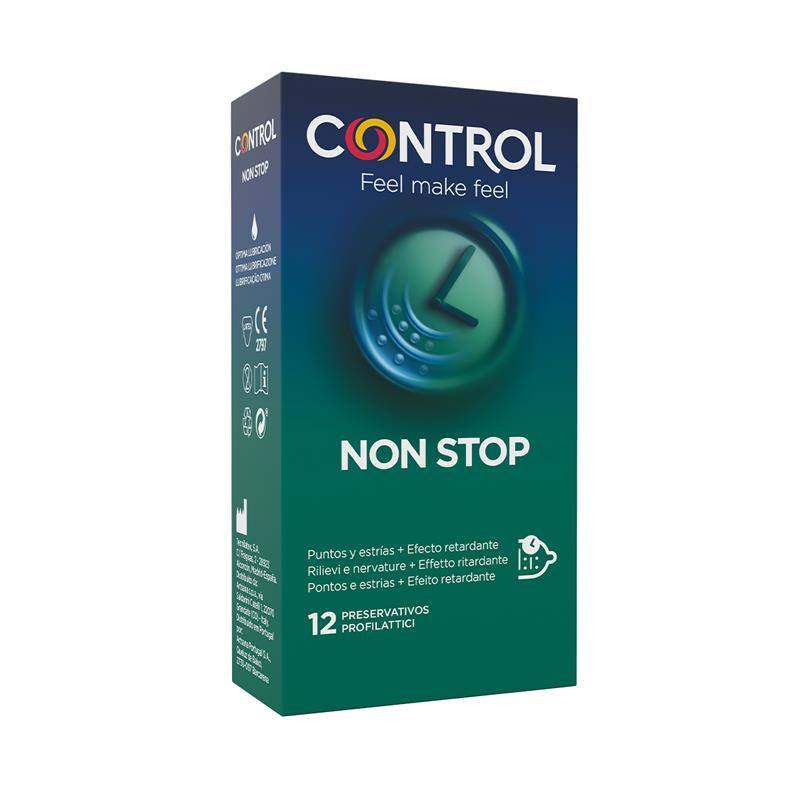 Delayers package in blue and green with a clock graphic, bold NON STOP text and 12 profiled condoms