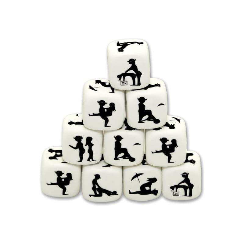 Dice are rounded white cubes with black silhouette illustrations of people in playful poses