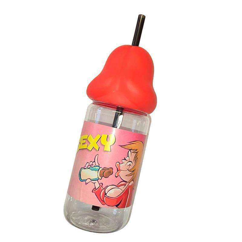 Drinking Bottles clear plastic bottle with pink cartoon print, red fruit-shaped lid and black straw
