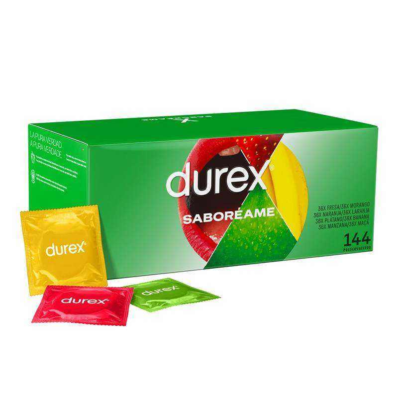 DUREX flavoured condom multipack in a green box with yellow, red and green individual foil sachets