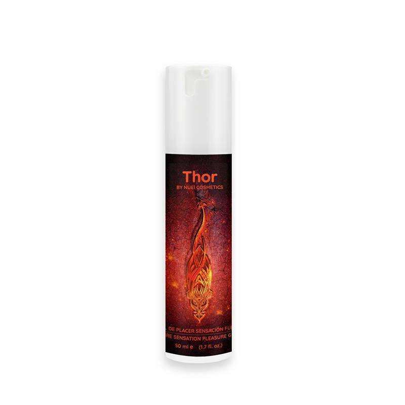 Enhancers Thor by Nuru Cosmetics in a white spray bottle with a dark red label and fiery gold design