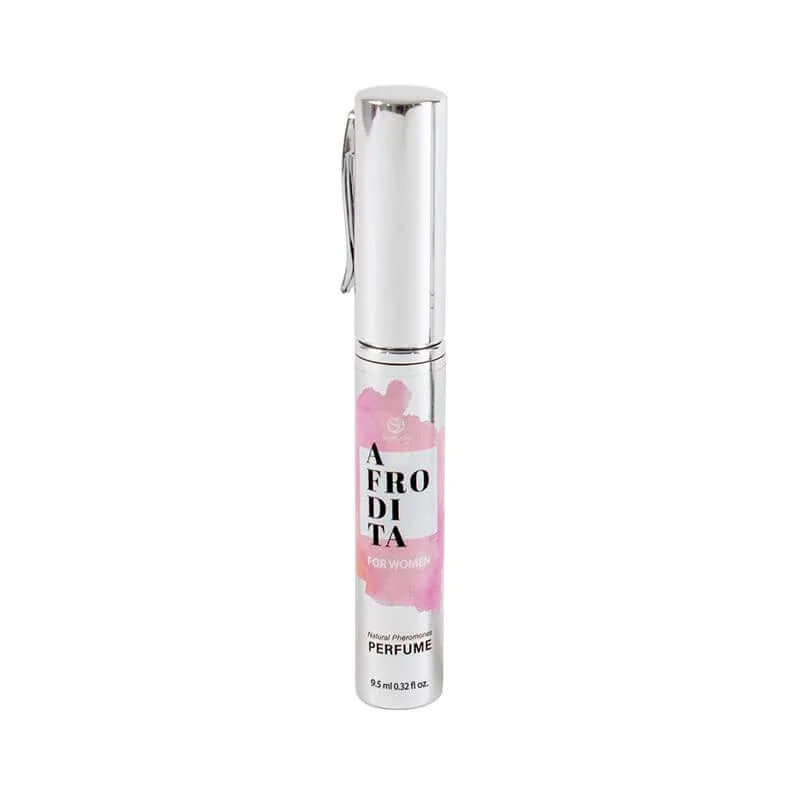 Perfume atomizer with a slim pink floral label, silver cap and clip, featuring the Erotic Arousal scent name