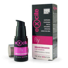 Extra Orgasm women's orgasm enhancer pump bottle and carton in black and magenta, with a botanical ingredient list