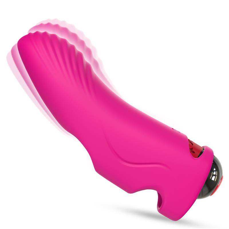 Finger Vibes finger vibrator in bright pink silicone with a ribbed flexible tip and compact black control base