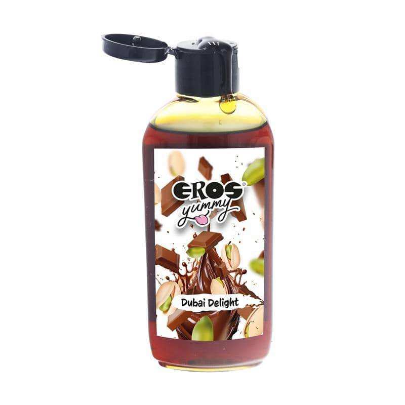 Flavors chocolate sauce in a clear bottle with a black flip-top cap and Dubai Delight label