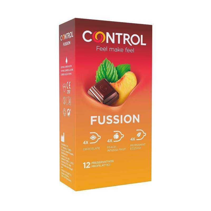 Flavours condom box in red and orange packaging, with chocolate and peach imagery and three flavour variants