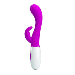 G-Spot vibrator with a bright purple curved silicone shaft, textured tip and white rounded handle.