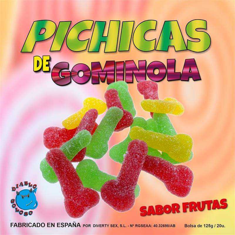 Gummies featuring assorted red, green, yellow and pink sugar-coated fruit-shaped sweets with bold Spanish packaging