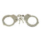Handcuffs in silver-colored metal with two linked circular cuffs and a small set of keys