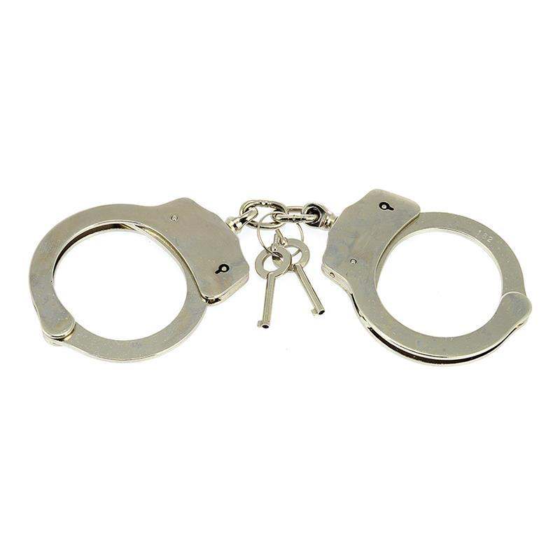 Handcuffs in silver-colored metal with two linked circular cuffs and a small set of keys