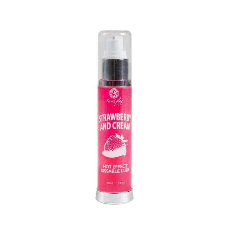Heating Effect strawberry cream lube in a bright pink cylindrical pump bottle with a clear cap and strawberry graphic