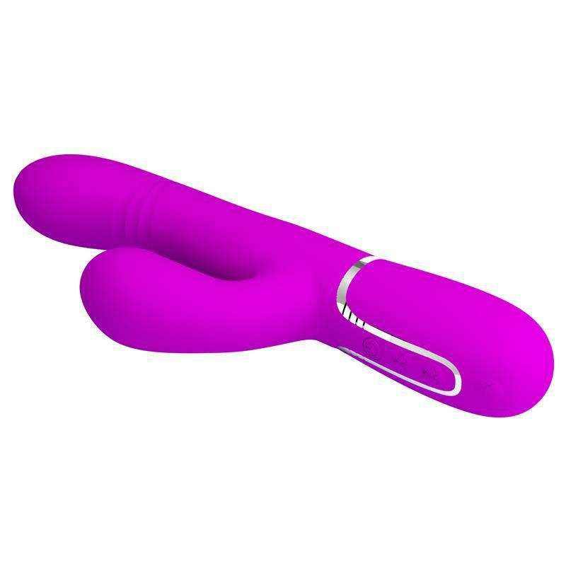 Hi-Tech Vibrators, a bright magenta silicone dual-pronged vibrator with a silver control band and loop detail