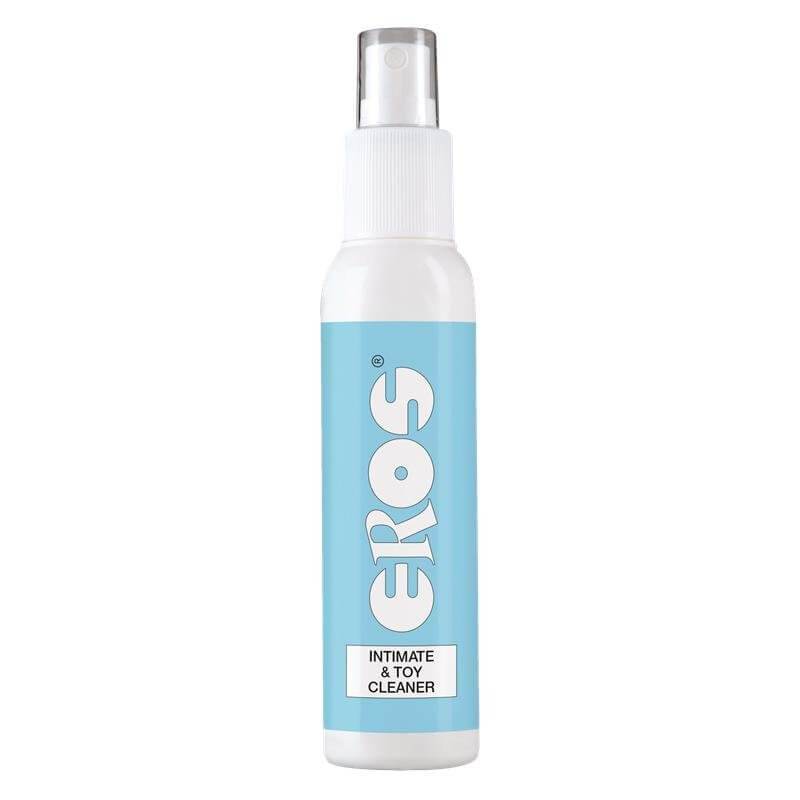 Intimate Cleaning spray in a white bottle with a turquoise label, clear cap and vertical Eros branding