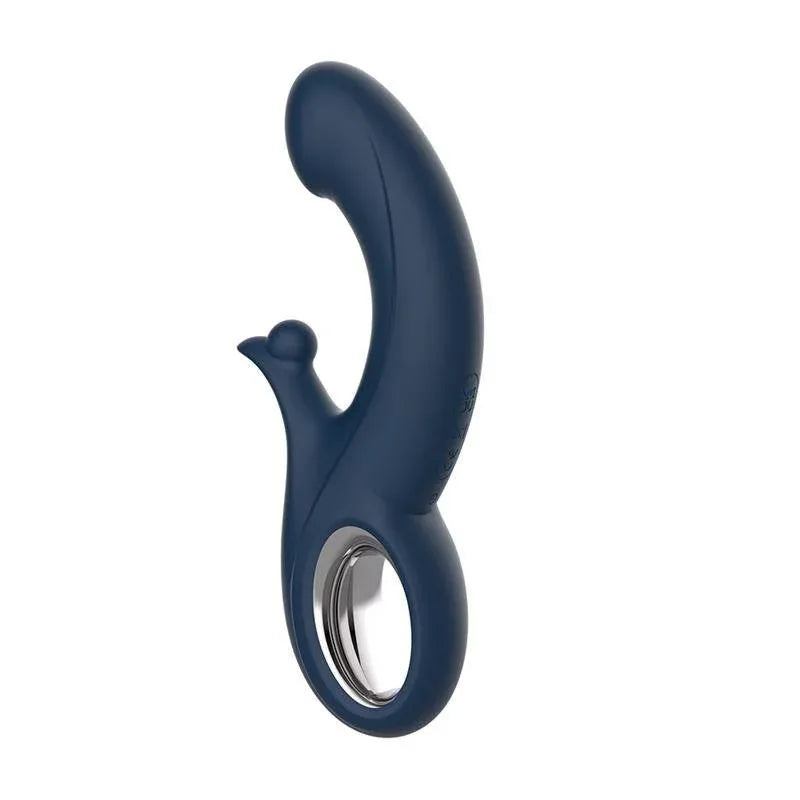 KISSEN is a dark navy blue curved personal massager with a rounded tip and a silver-lined oval opening.