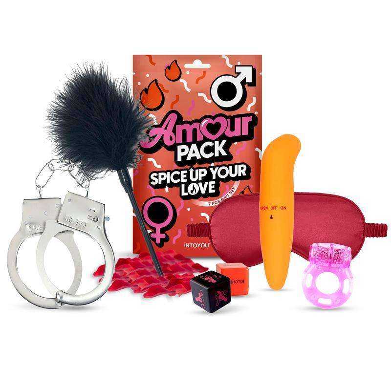 Kits/Sets adult novelty gift set with black feather tickler, silver handcuffs, orange vibrator, red pouch and pink ring