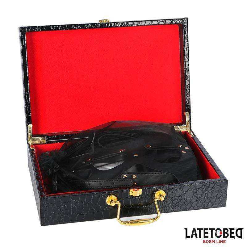 LATETOBED BDSM LINE black leather restraint set with gold-tone hardware in a red-lined decorative case
