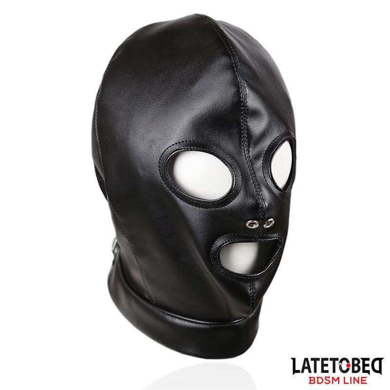 Masks, a black glossy leather-look full-face hood with stitched seams, eye openings and a mouth opening