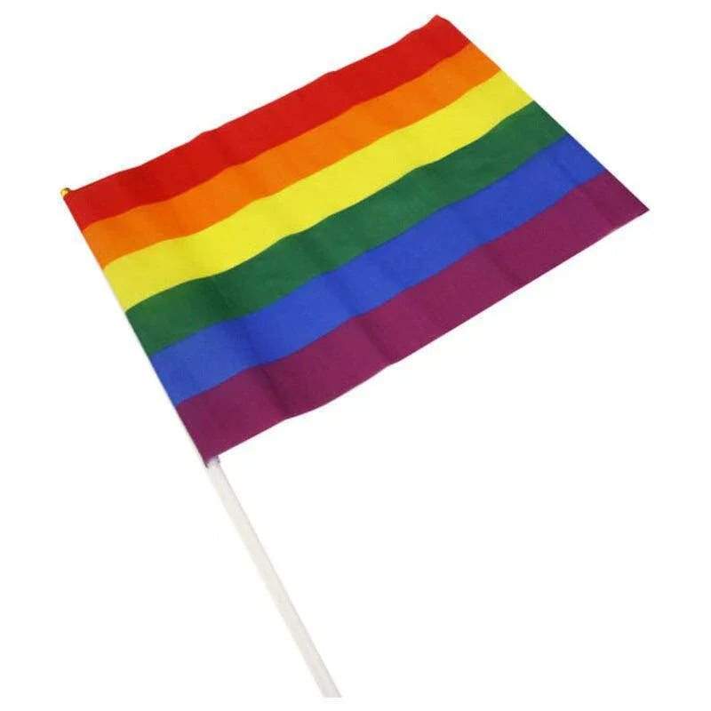 LGBT+ Line rainbow pride flag in red, orange, yellow, green, blue and purple stripes on a white stick