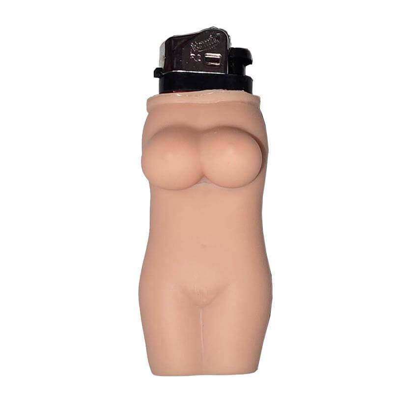 Lighter with a flesh-toned silicone body molded in a nude female torso shape and a black ignition top