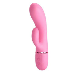 Vibradores con Rabbit in smooth pink silicone with a curved shaft, rabbit stimulator and ribbed two-button handle