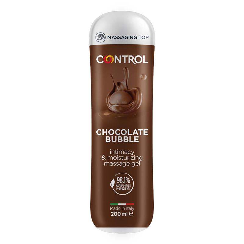 Massage Oil/Creams chocolate bubble moisturizing massage gel in a brown bottle with a white cap and chocolate splash graphic