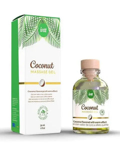 Coconut Massage Gel flaska och förpackning – sensuella massageoljor med värmande kokosdoft för intim massage
